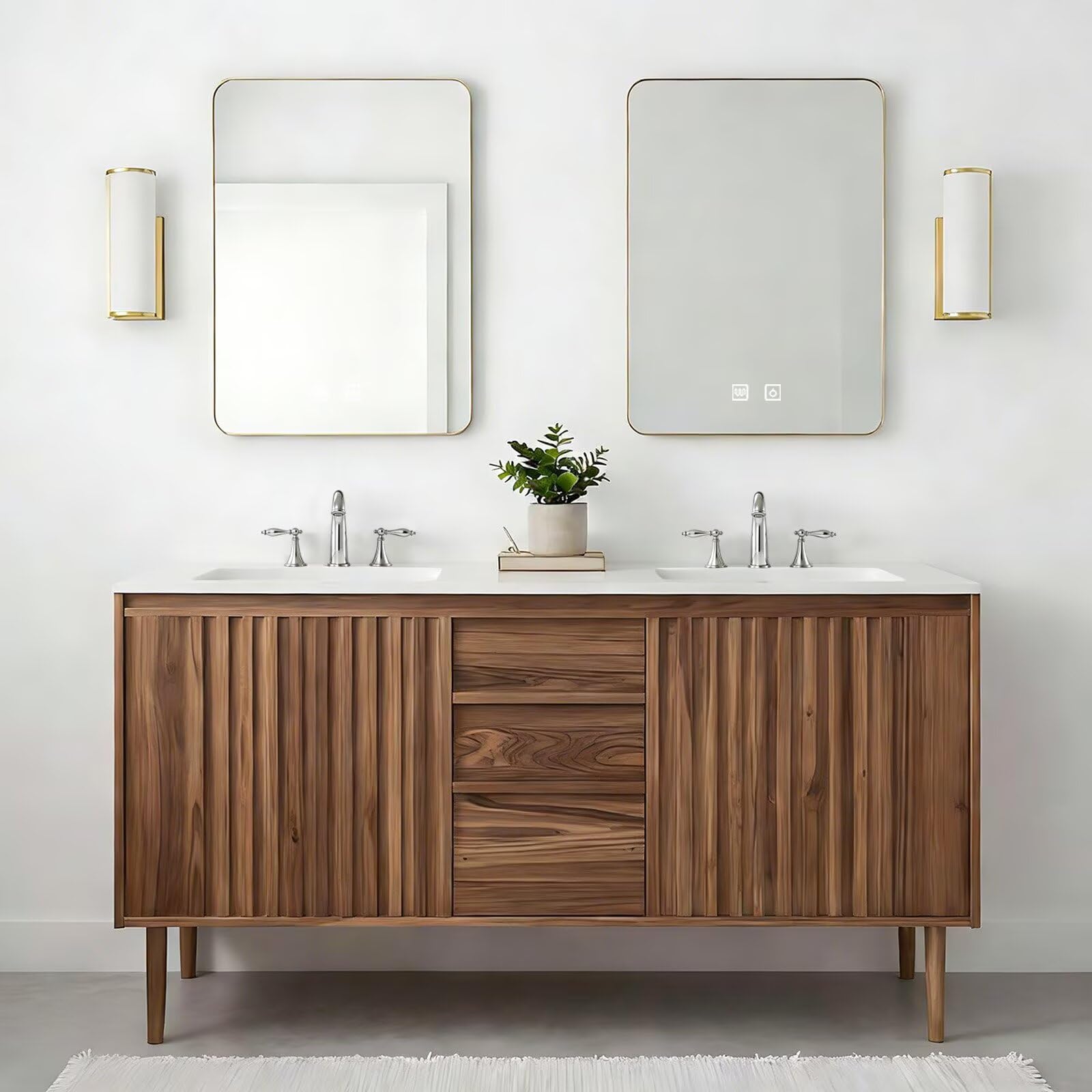 60”-84”Double Sink Freestanding Bathroom Vanity with 2 LED Mirrors, Walnut Wood Vanity with Fluted Panels & White Marble Top