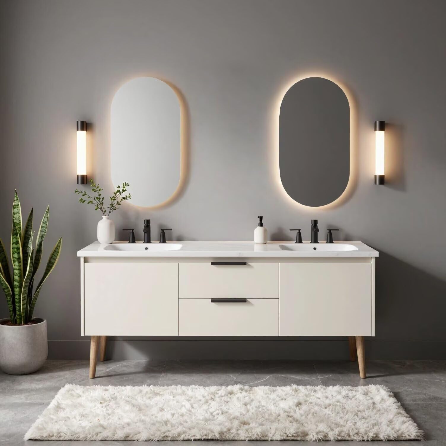 60"-96"White Mid-Century Bathroom Vanity with Double Sinks & LED Oval Mirrors