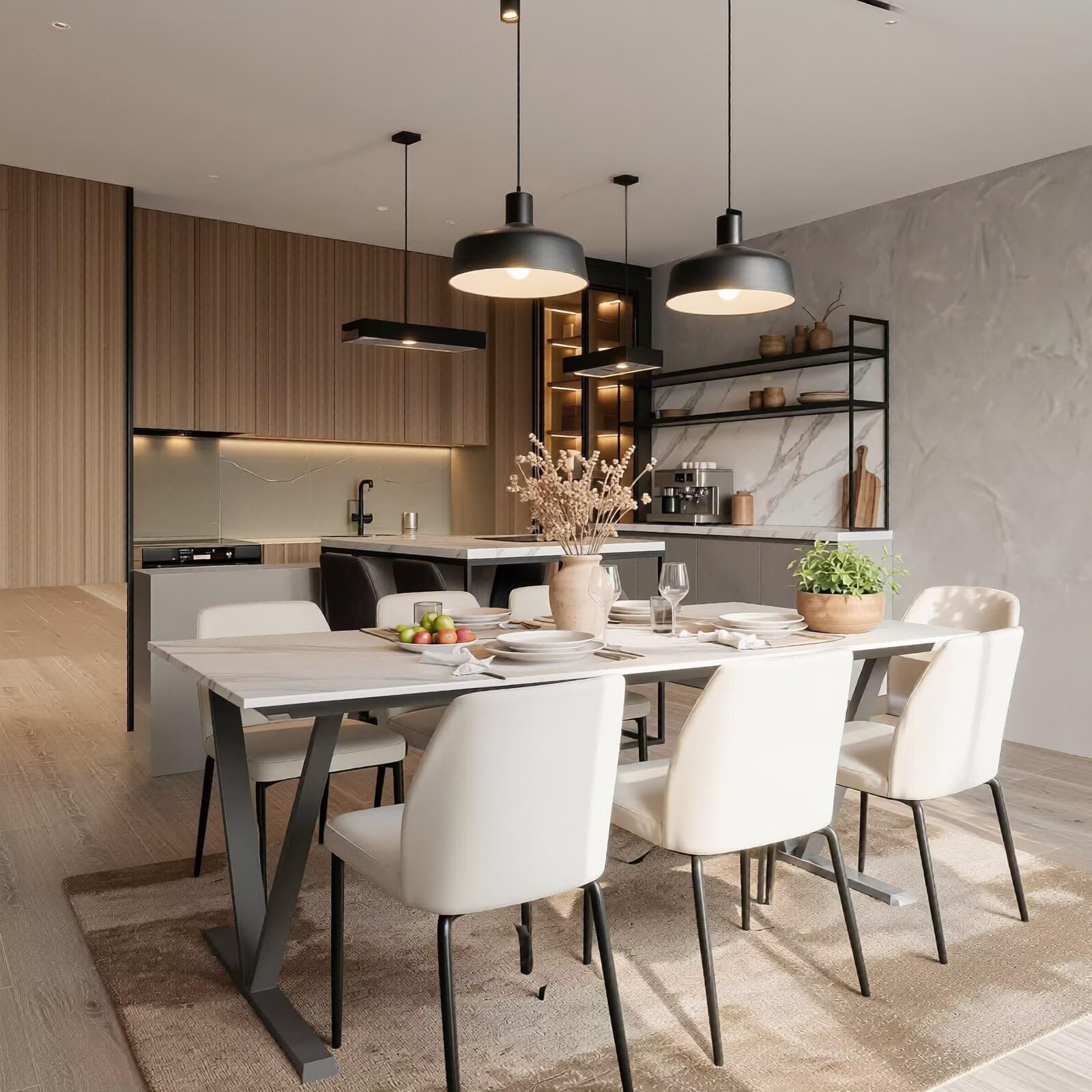 60"-80"Modern Rectangular Dining Table, White Stone Top with Black V-Shaped Metal Base