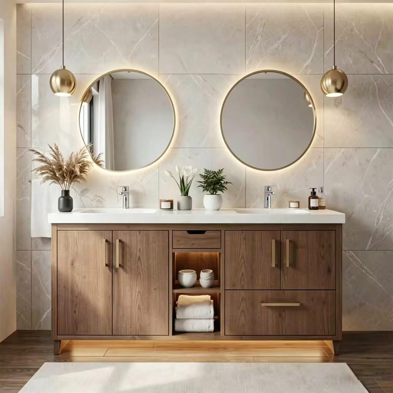 60"-96" Modern Wood Bathroom Vanity with Double Sinks & Gold Hardware