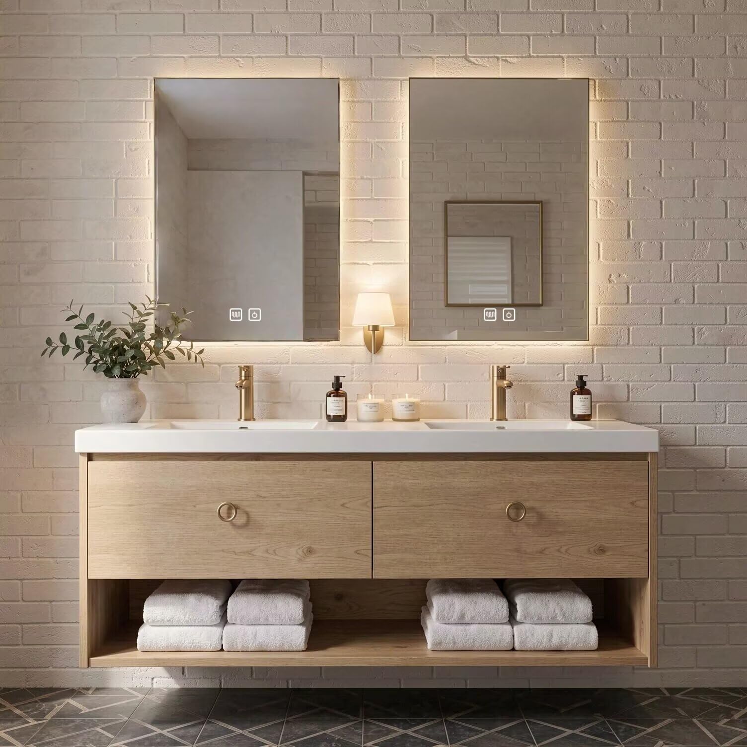 60"-84"Floating Oak Bathroom Vanity with Double Sinks & LED Mirrors