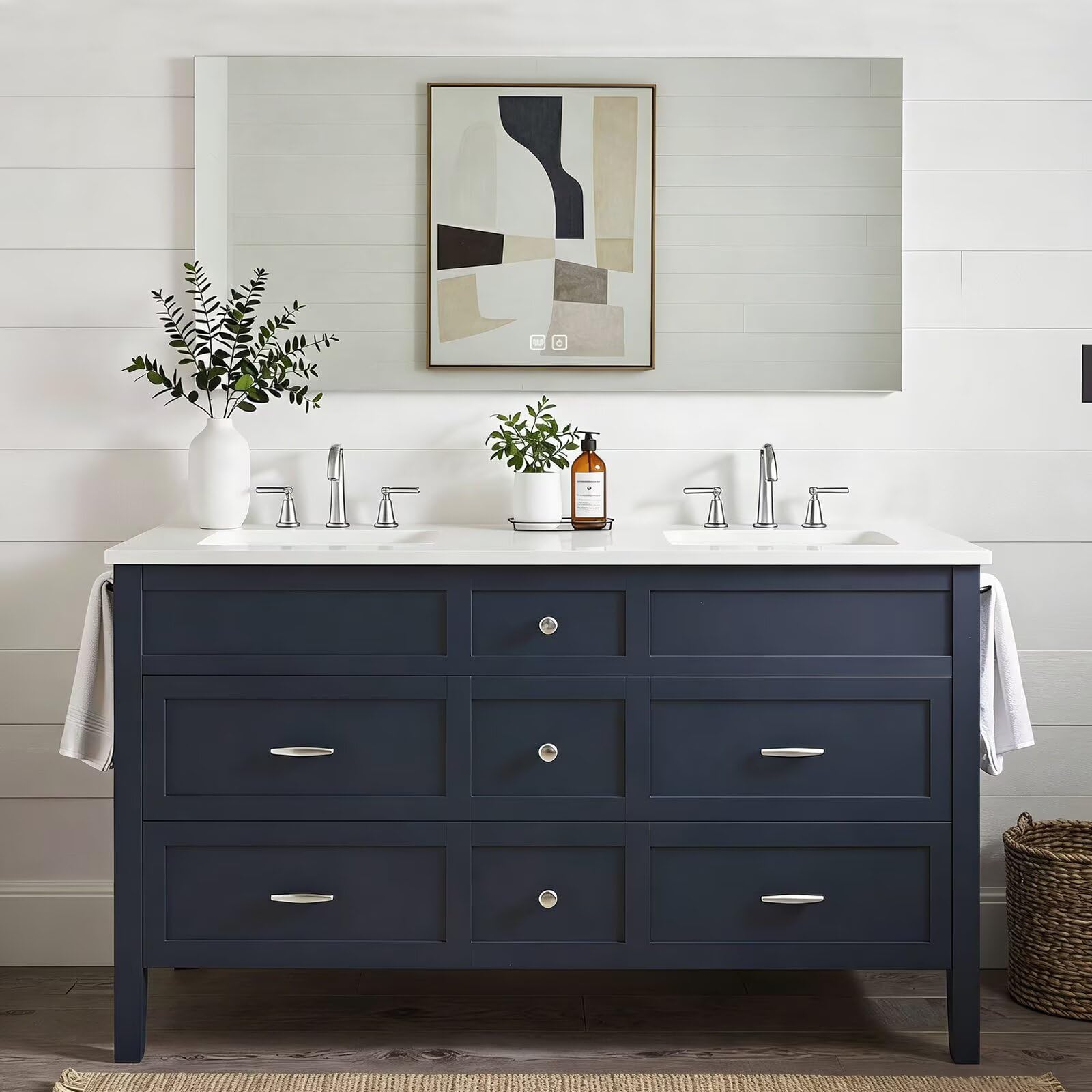 60”-84”Double Sink Freestanding Bathroom Vanity with White Top, Navy Blue Wood Vanity with Storage Drawers & Large Mirror
