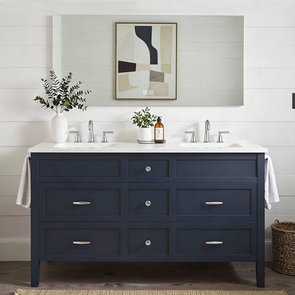 60”-84”Double Sink Freestanding Bathroom Vanity with White Top, Navy Blue Wood Vanity with Storage Drawers & Large Mirror