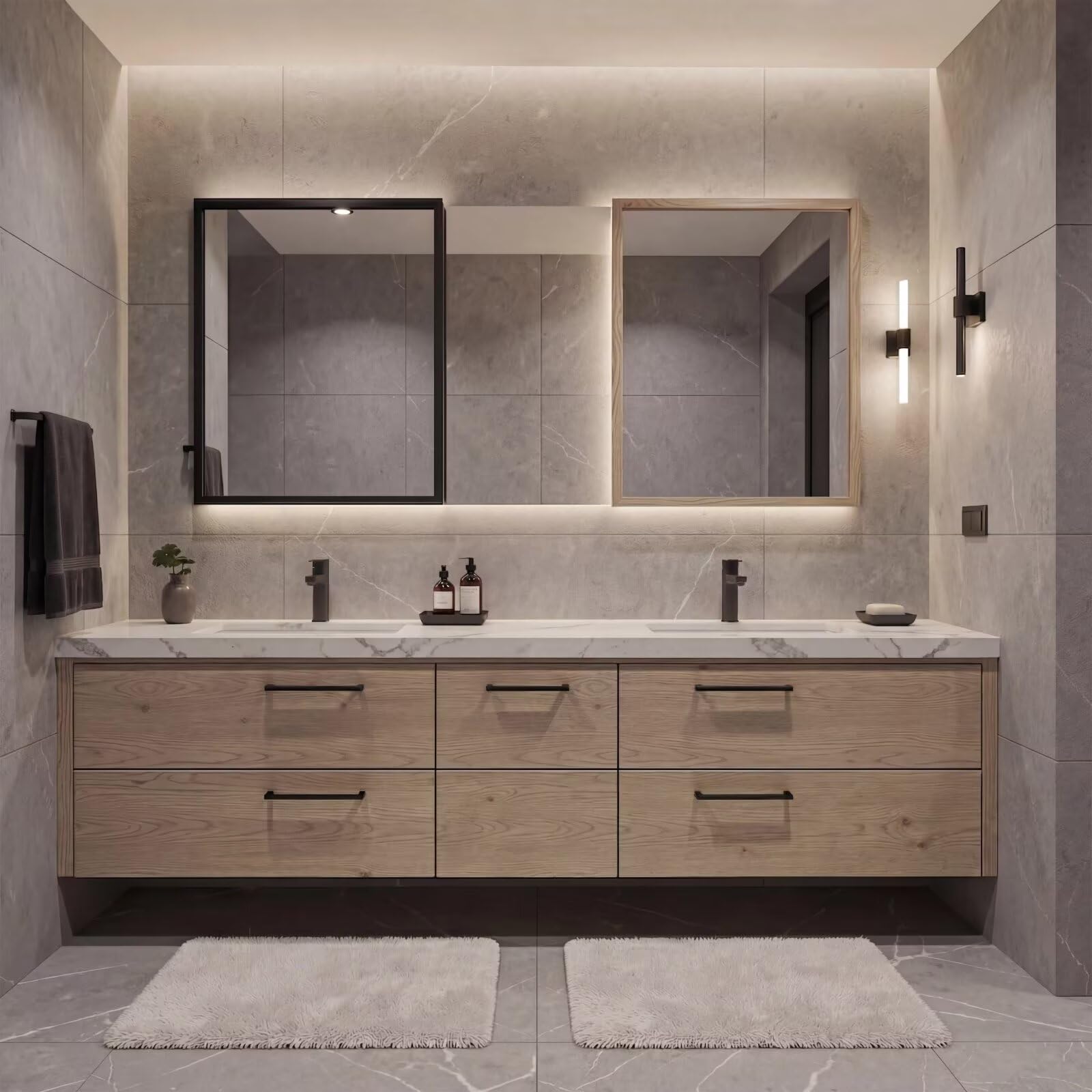 60”-96”Natural Wood Bathroom Vanity with Double Sinks & 6 Drawer Storage