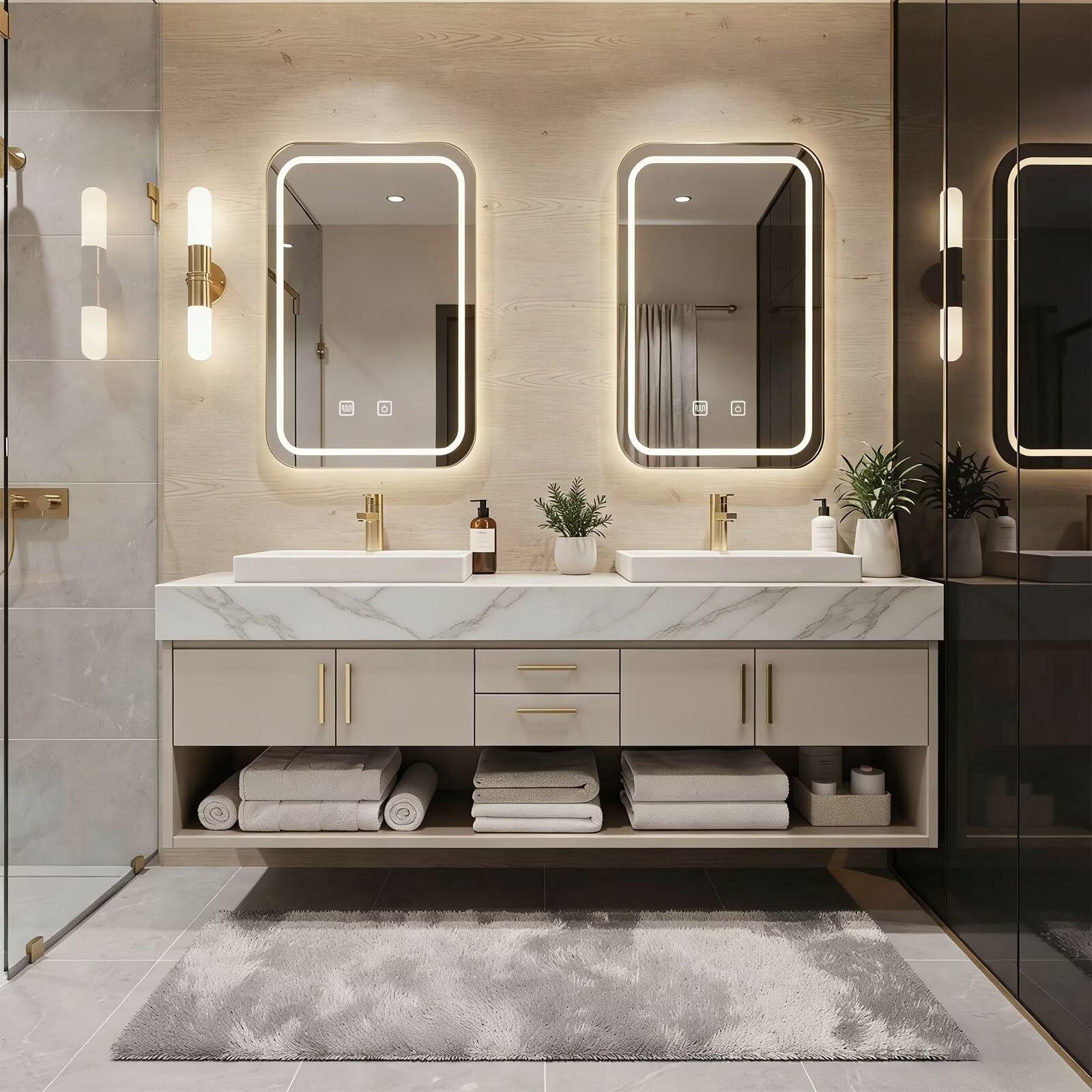 60"-84"Floating Beige Bathroom Vanity with Double Vessel Sinks & LED Mirrors
