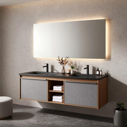 60"-96"Wall-Mounted Bathroom Vanity with Black Countertop & Open Towel Shelf