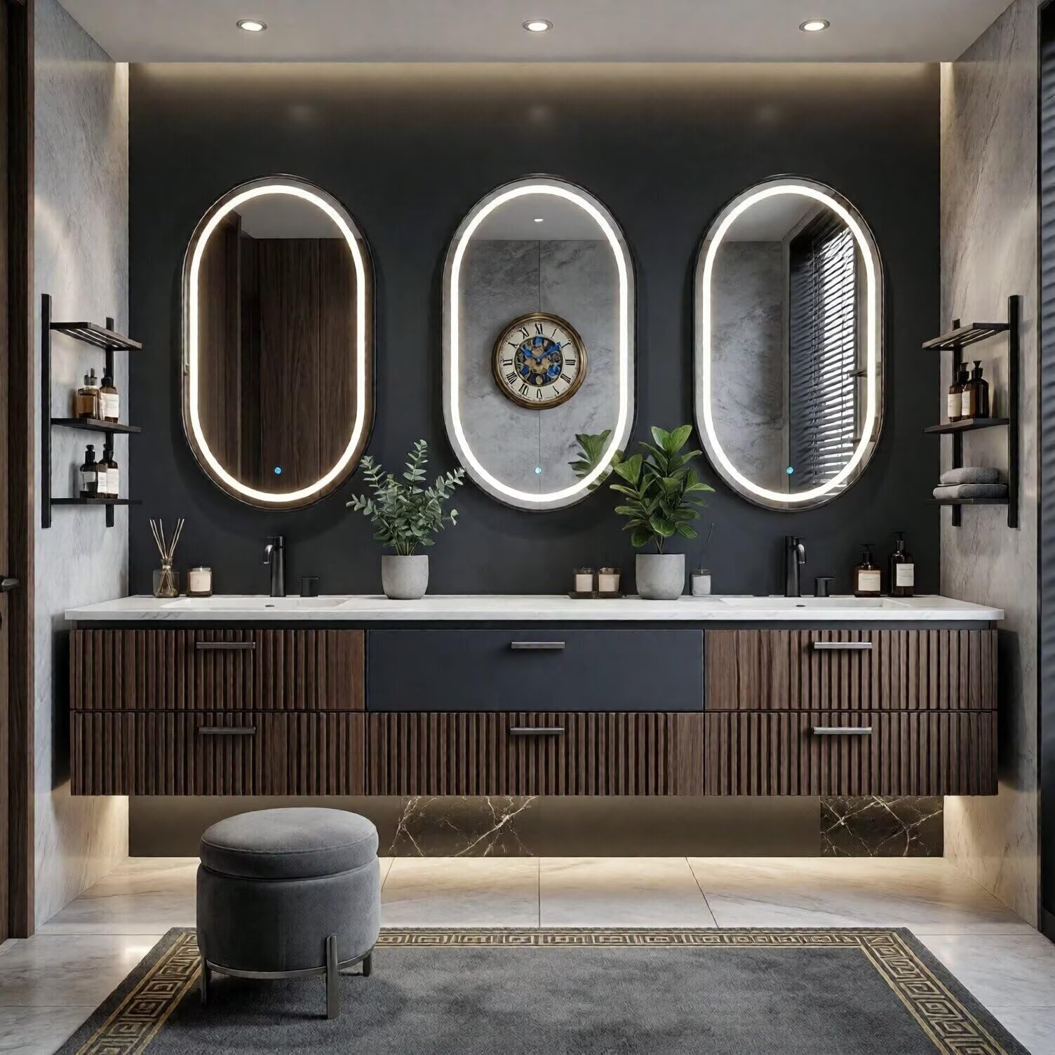 60"-96"Contemporary Fluted Bathroom Vanity with Double Sinks & Storage Drawers