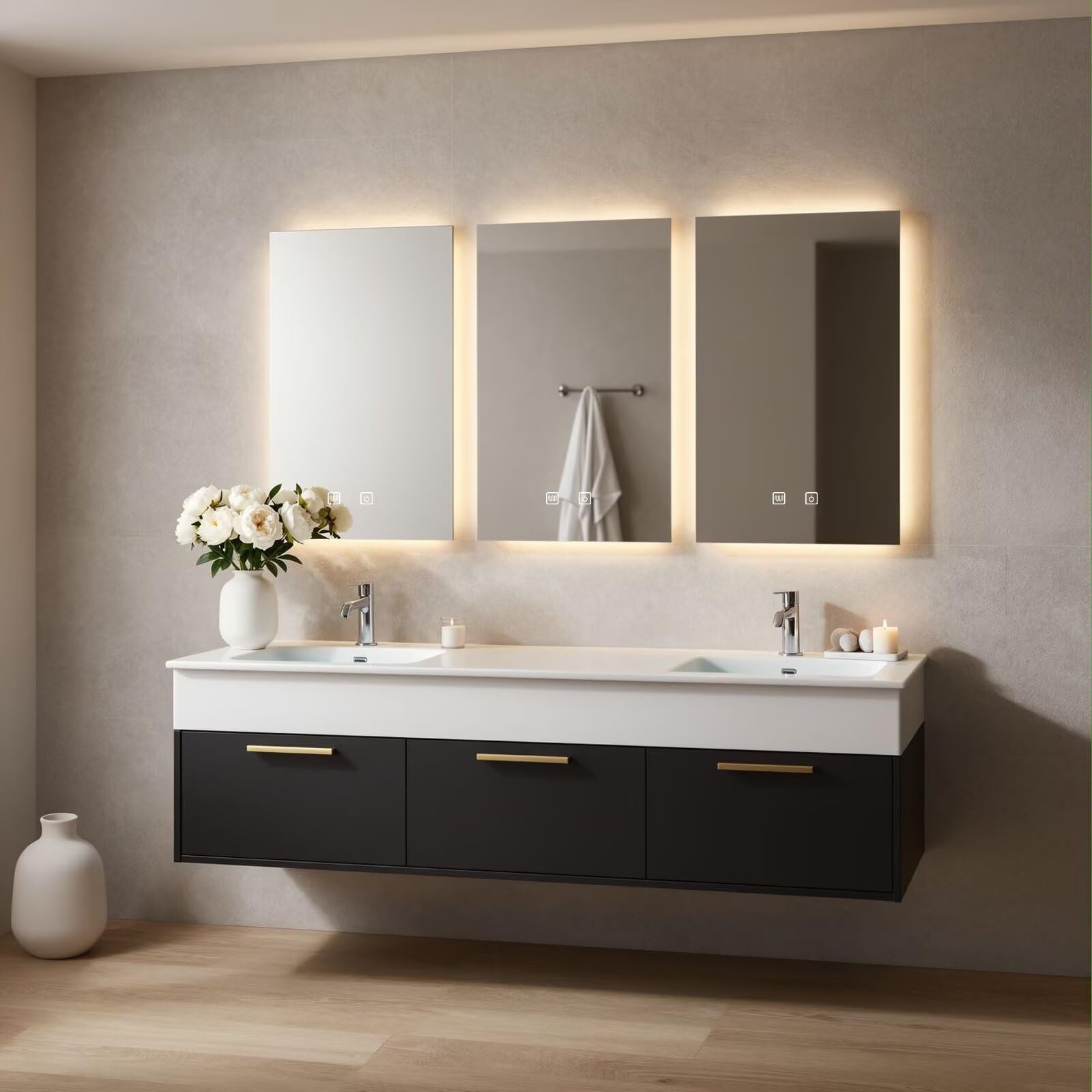 60”-84”Double Floating Vanity, Black Wood Cabinet with White Stone Counter & Gold Handles