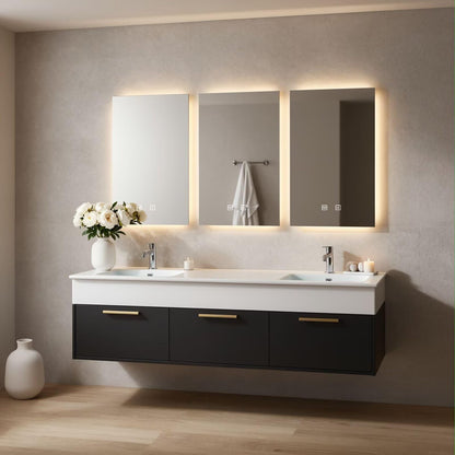 60”-84”Double Floating Vanity, Black Wood Cabinet with White Stone Counter & Gold Handles