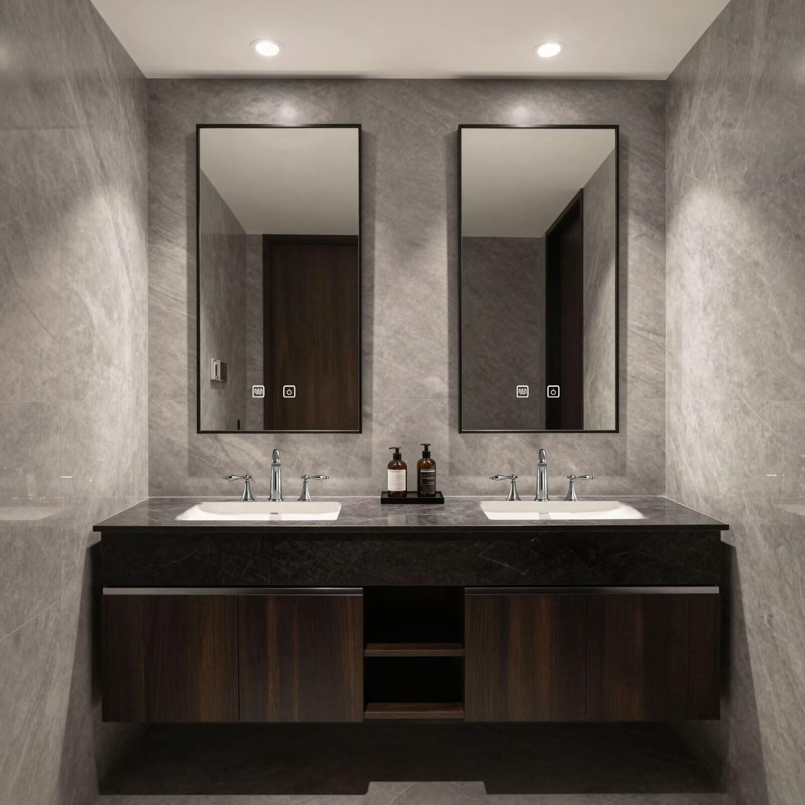 60"-84"Floating Dark Wood Bathroom Vanity with Marble Top & Dual LED Mirrors