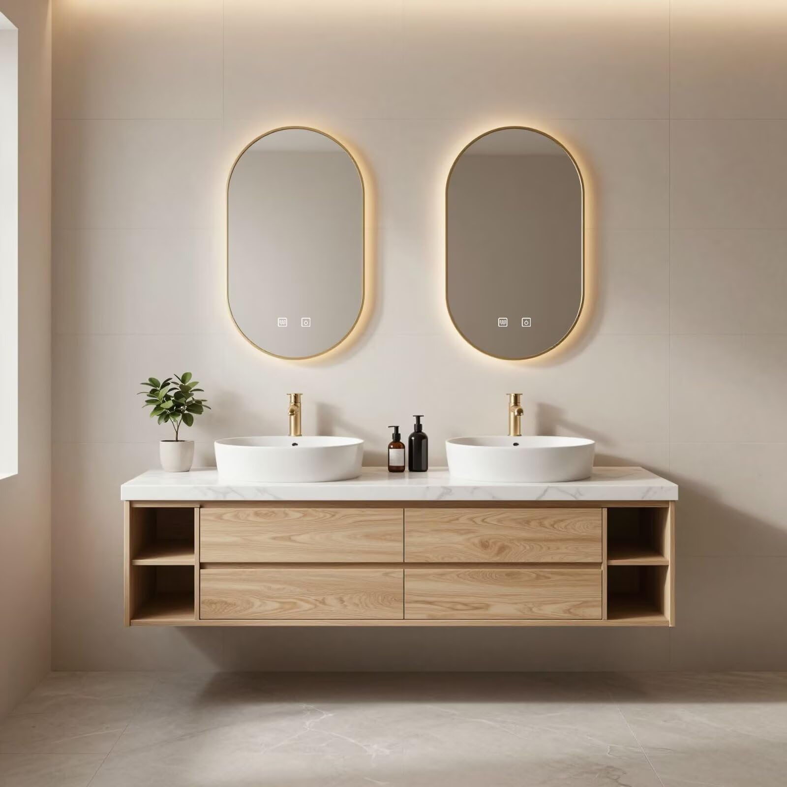 60”-84”Double Vanity, White Floating Cabinet with Gold Trim Oval LED Mirrors