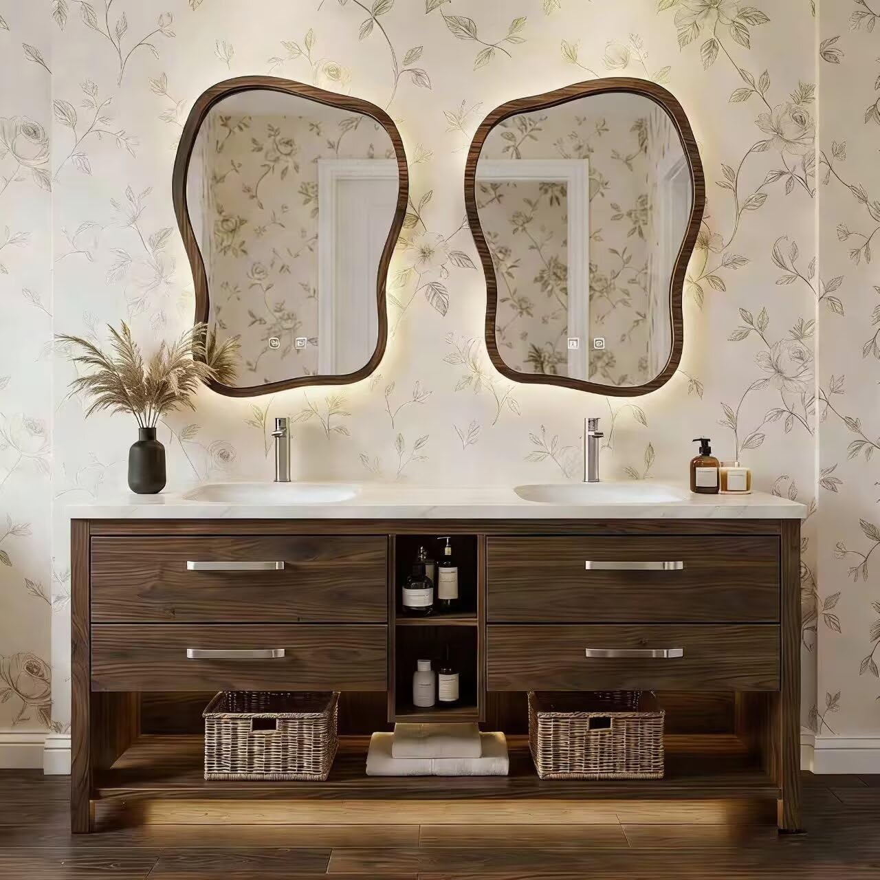 60”-96” Dark Wood Bathroom Vanity with Double Sinks & Irregular LED Mirrors