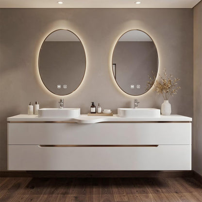 60”-96”Modern White Floating Bathroom Vanity with Double Oval LED Mirrors & Wave Countertop