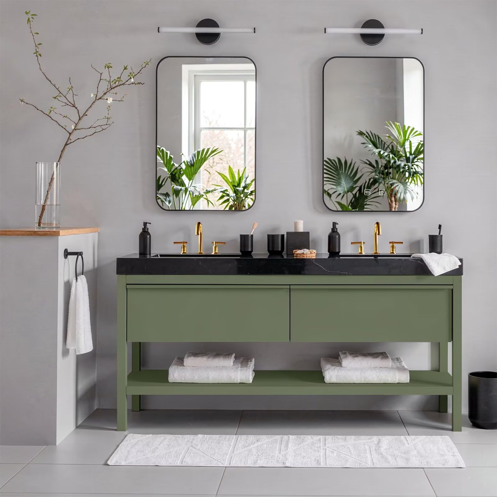 60"-96"Olive Green Bathroom Vanity with Double Sinks, Black Marble Top & Gold Hardware
