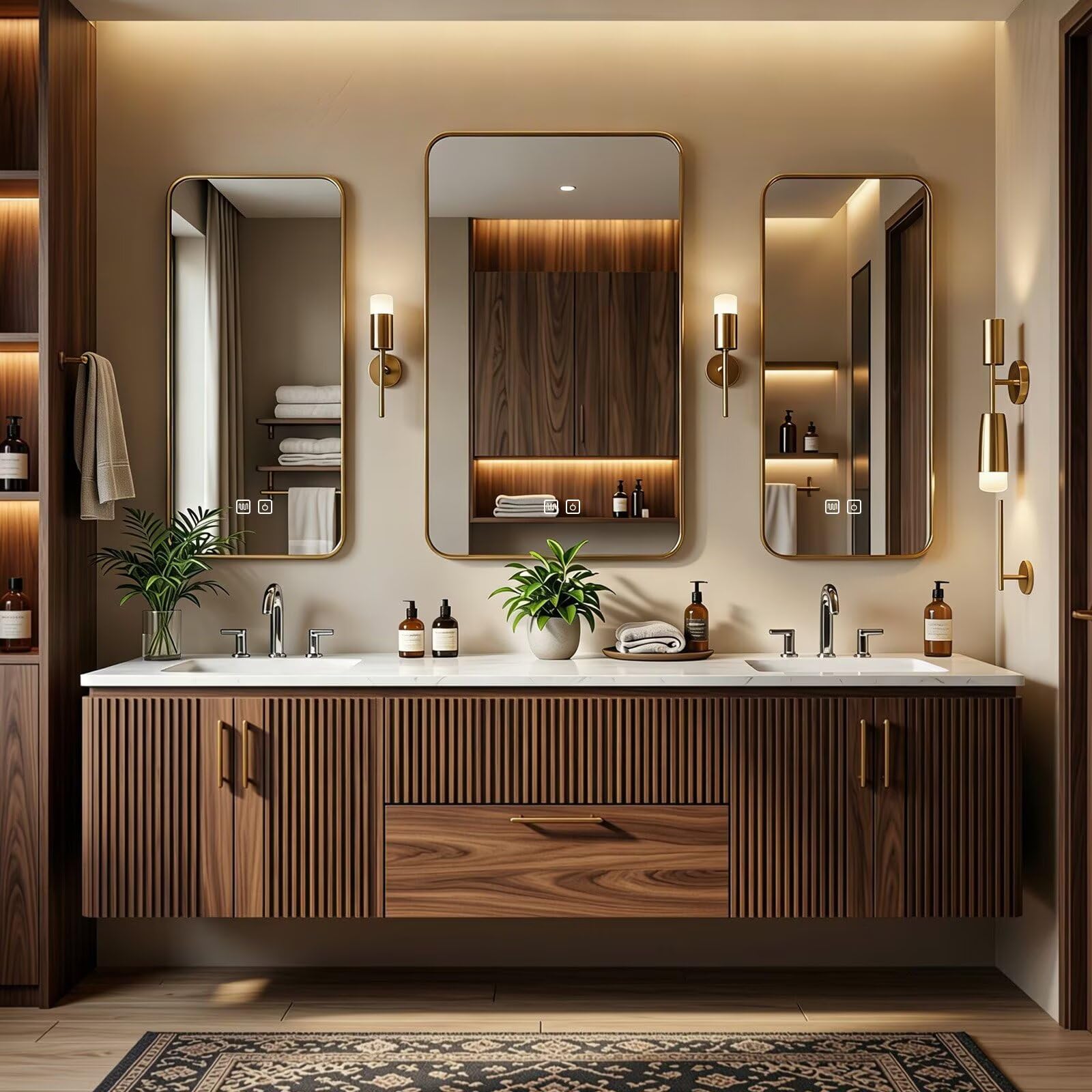 60”-84”Double Sink Floating Bathroom Vanity with Gold Mirrors, Walnut Fluted Wood Cabinet