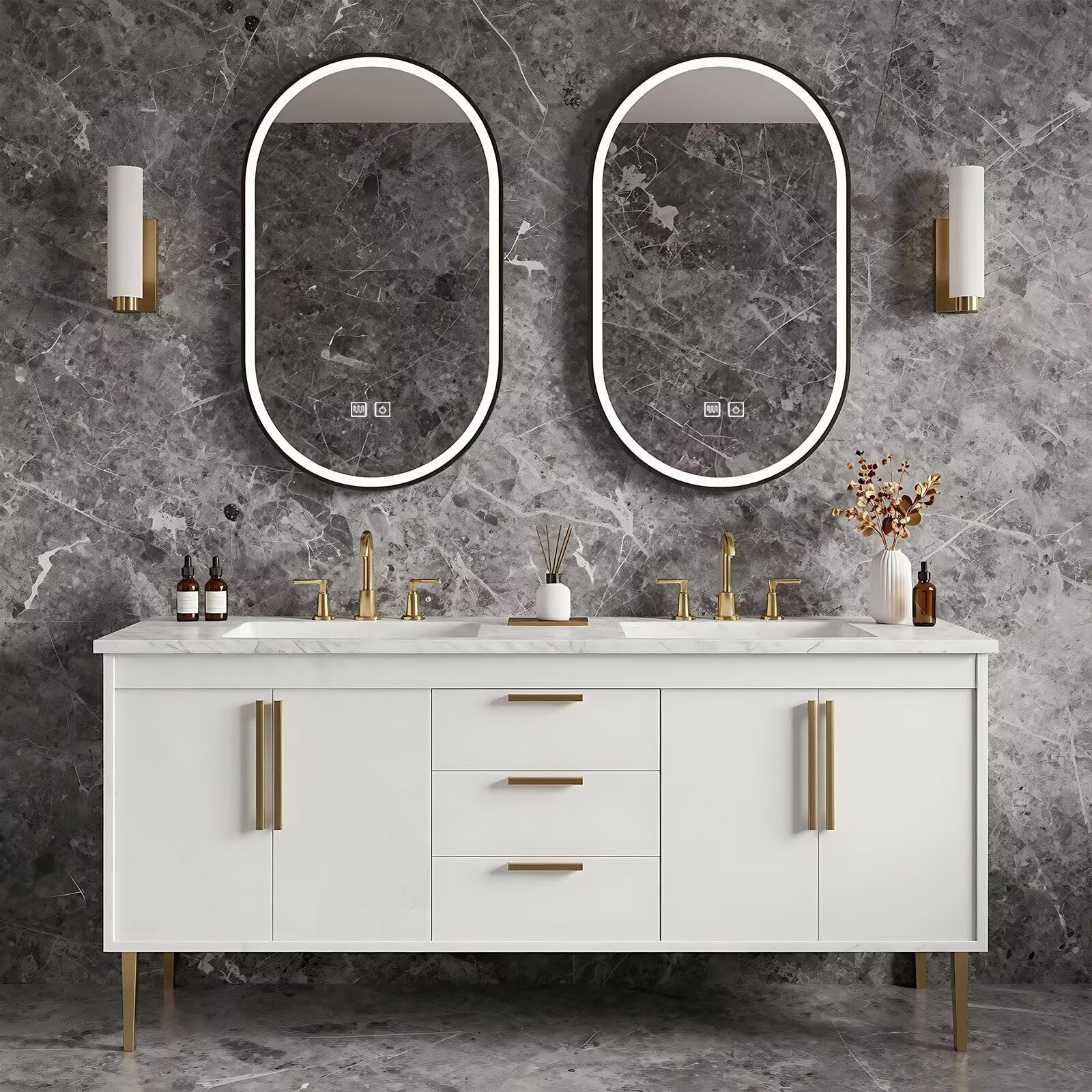 60”-84” Double Sink Bathroom Vanity with LED Oval Mirrors, Freestanding Cabinet with Marble Top, White with Gold Hardware