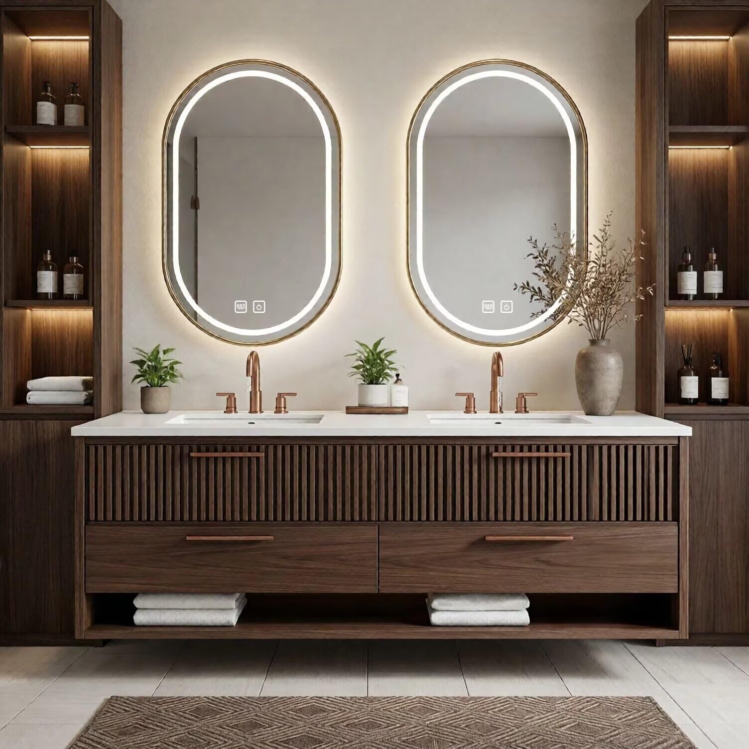 60"-96"Walnut Fluted Bathroom Vanity with Double Sinks & LED Gold Oval Mirrors