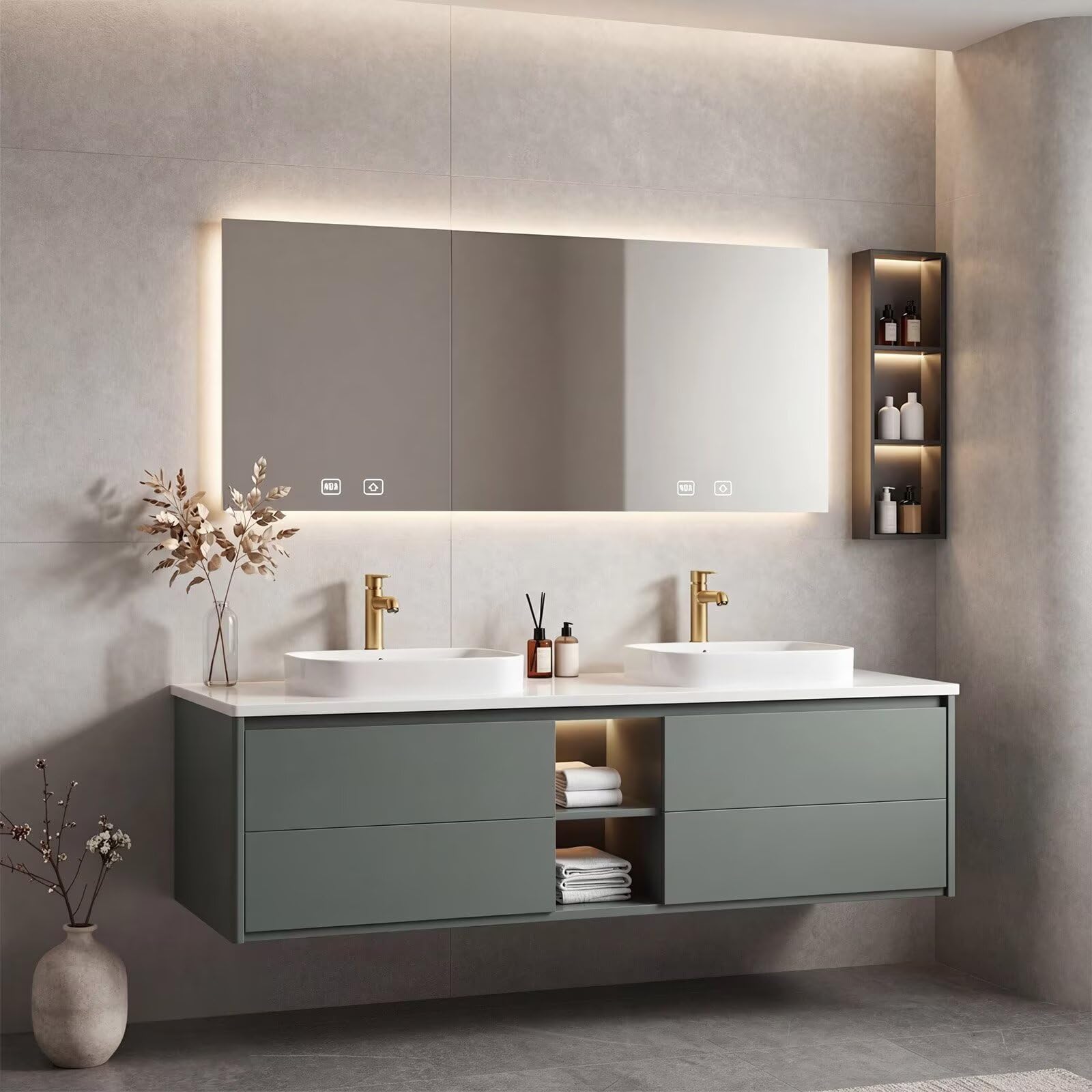 60”-96” Modern Greenish Gray Vanity with Open Shelf & Backlit LED Smart Mirror