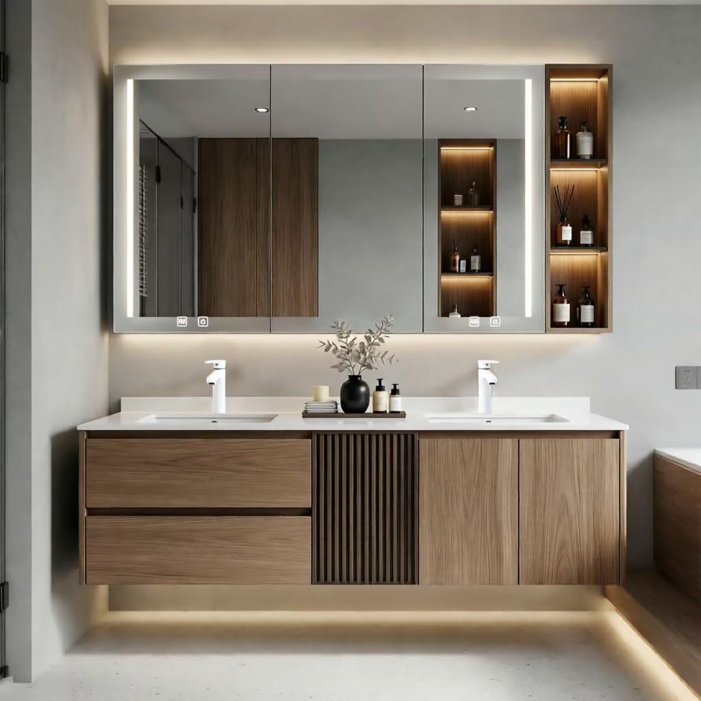 60”-96” Light Oak Floating Bathroom Vanity with Double Sinks & LED Mirror Cabinet