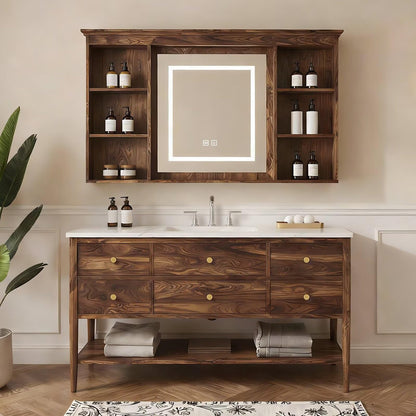 40”-64”Single Sink Freestanding Bathroom Vanity, Walnut Cabinet with LED Mirror & Hutch