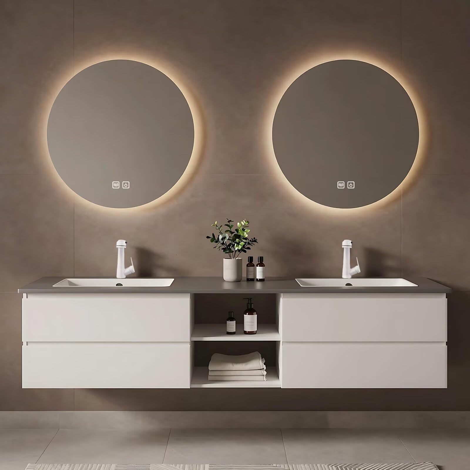 60”-84”Double Sink Floating Bathroom Vanity with 2 Round LED Mirrors, White Wall Mounted Vanity with Open Storage Shelf