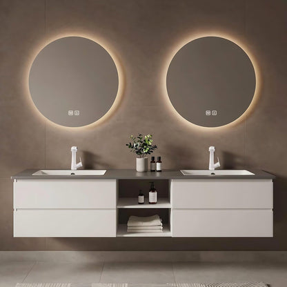 60”-84”Double Sink Floating Bathroom Vanity with 2 Round LED Mirrors, White Wall Mounted Vanity with Open Storage Shelf