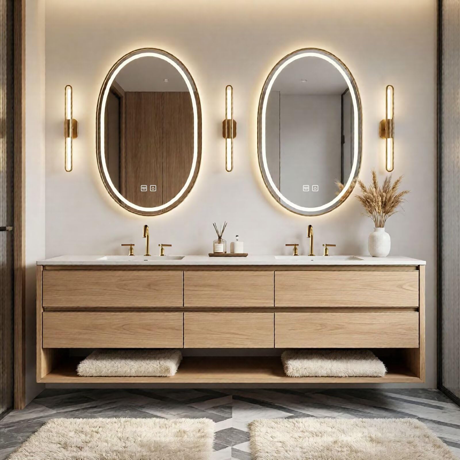 60"-84"Modern Light Wood Bathroom Vanity with Storage Drawers & Dual Smart LED Mirrors