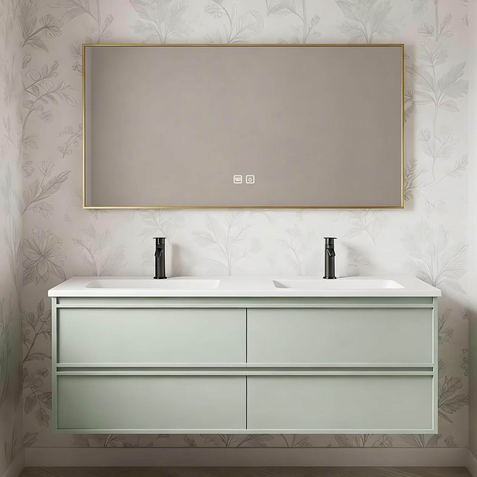 60”-84”Double Sink Floating Bathroom Vanity, Sage Green Cabinet with Gold Framed LED Mirror