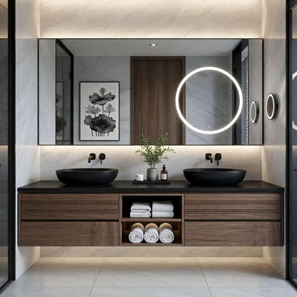 60"-84"Modern Floating Bathroom Vanity with Double Sinks & LED Mirror Cabinet