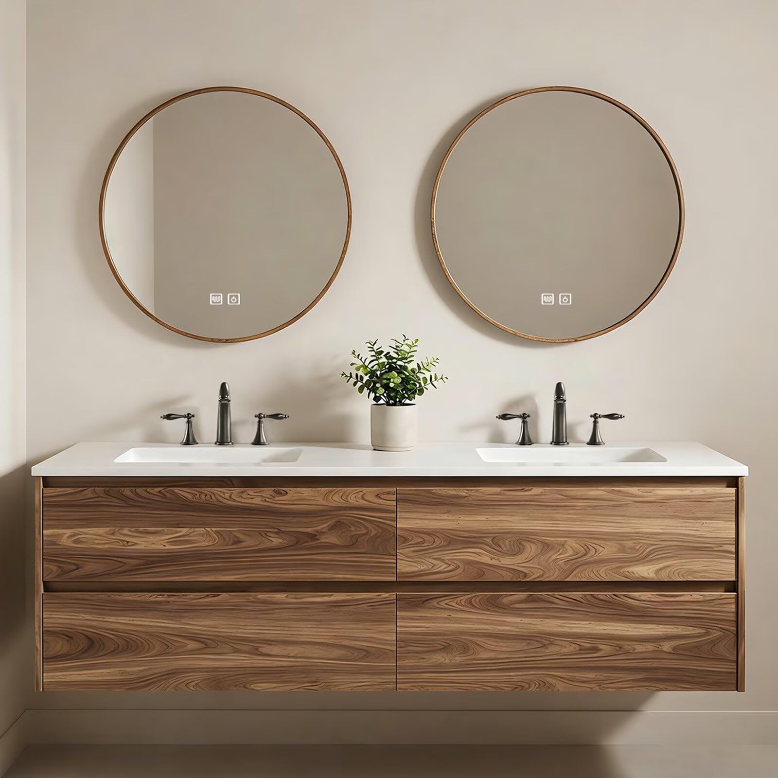 60”-84”Walnut Wood Floating Bathroom Vanity with Double Sink, Modern Wall-Mounted Vanity with LED Backlit Round Mirrors & White Stone Top