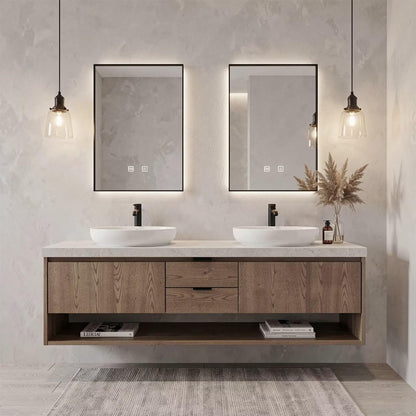 60"-84"Rustic Floating Bathroom Vanity with Double Vessel Sinks & LED Backlit Mirrors