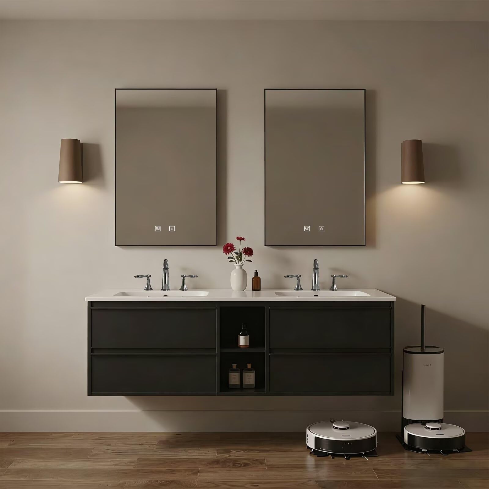 60"-84"Floating Black Bathroom Vanity with Open Shelf & Dual LED Mirrors