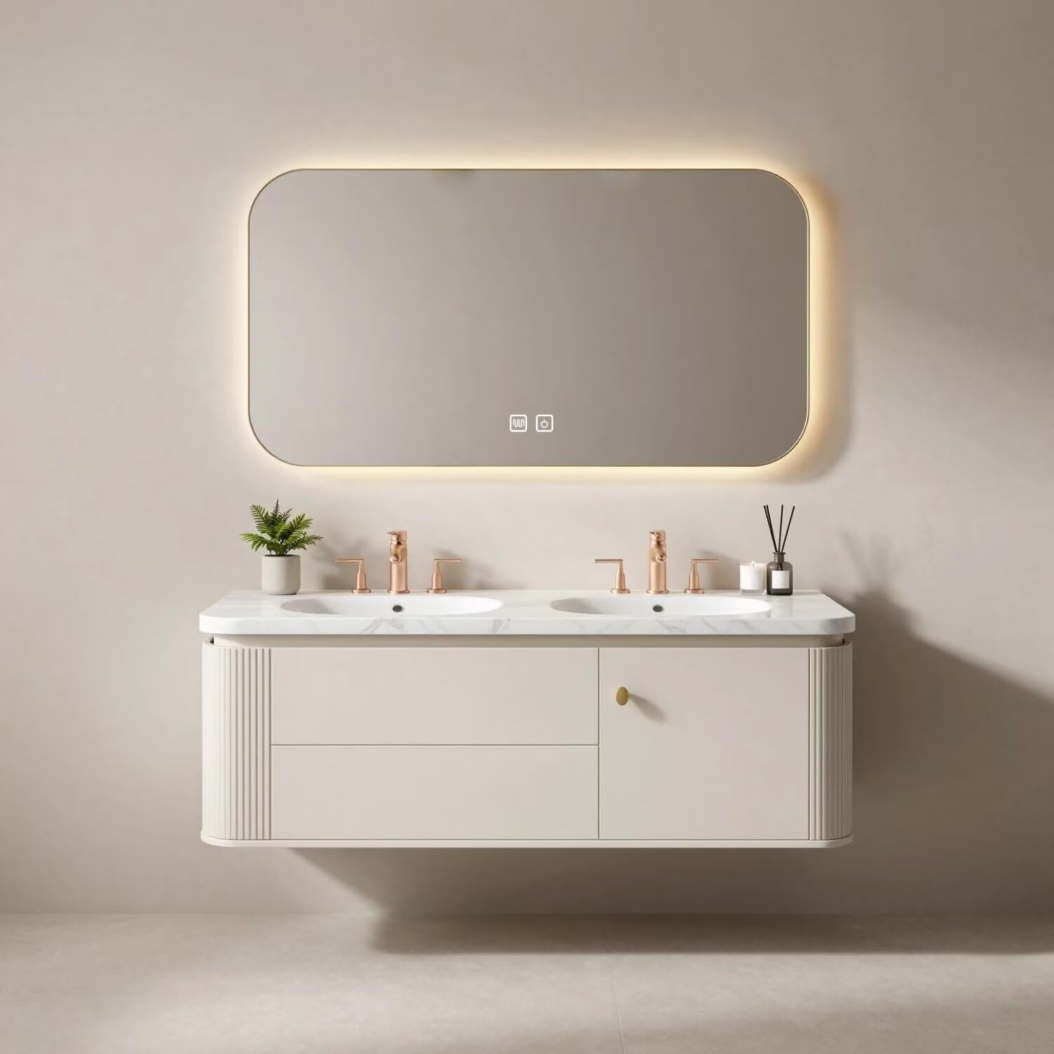 60"-84"Luxury Curved Bathroom Vanity with Double Basin & Smart LED Lighted Mirror