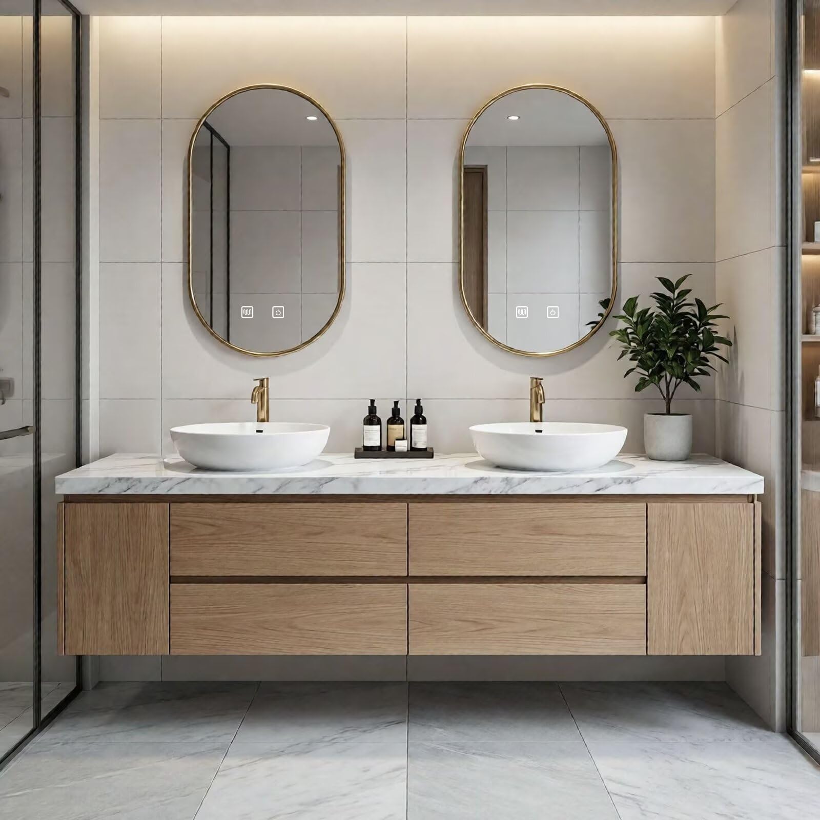 60"-84"Floating Oak Bathroom Vanity with Marble Top & Oval Gold LED Mirrors