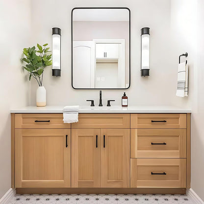 48”-64”Single Sink Freestanding Bathroom Vanity, Light Oak Shaker Cabinet with Black Hardware