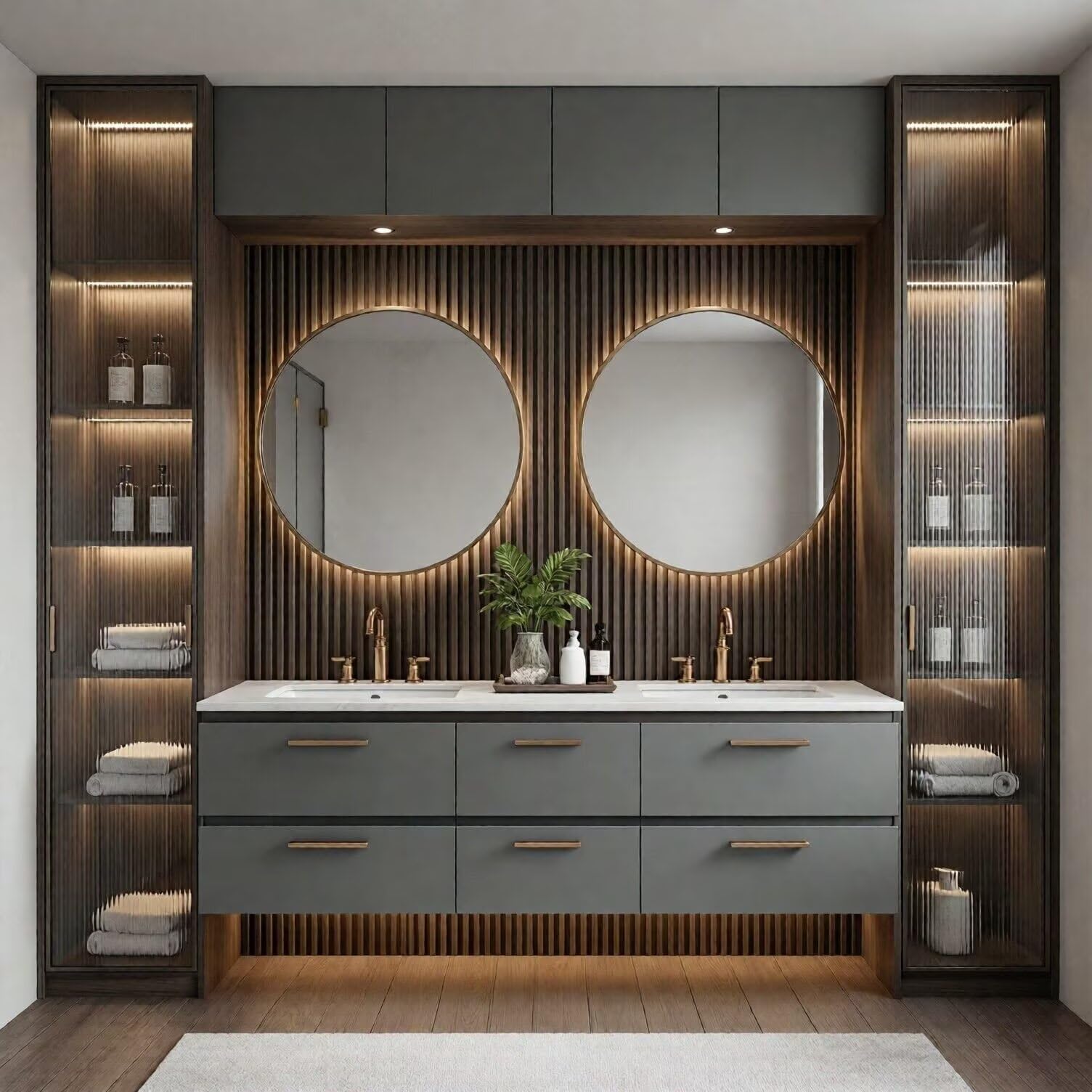 60"-96"Modern Bathroom Vanity Set, Dark Grey Cabinet with LED Display Shelves