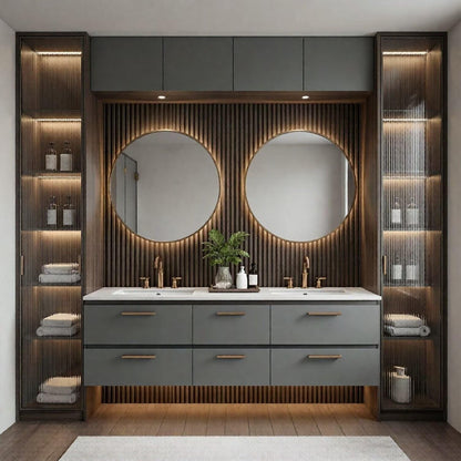 60"-96"Modern Bathroom Vanity Set, Dark Grey Cabinet with LED Display Shelves