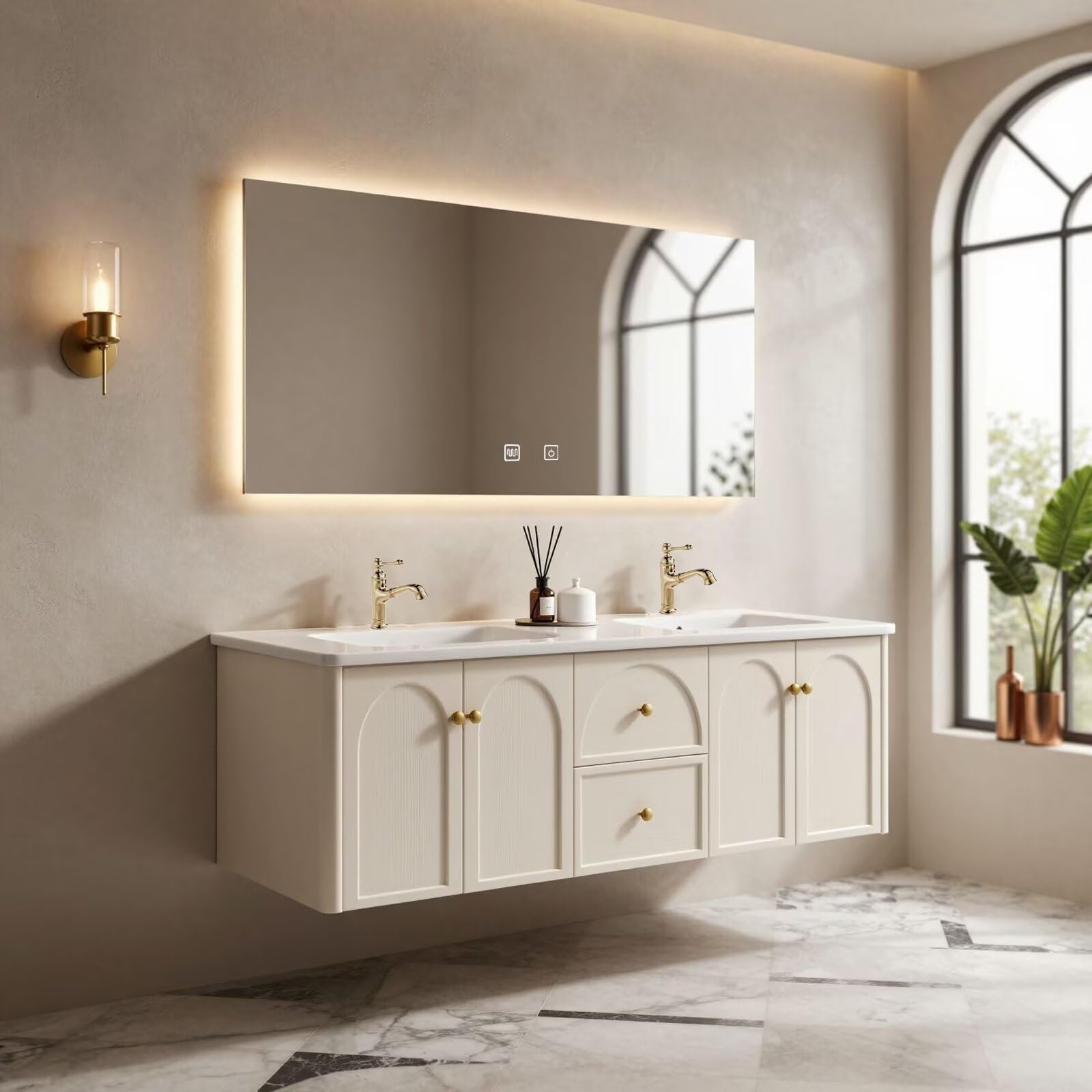 60"-84"Floating Cream Bathroom Vanity with Marble Top & LED Backlit Mirror