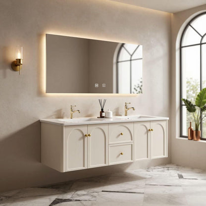 60"-84"Floating Cream Bathroom Vanity with Marble Top & LED Backlit Mirror