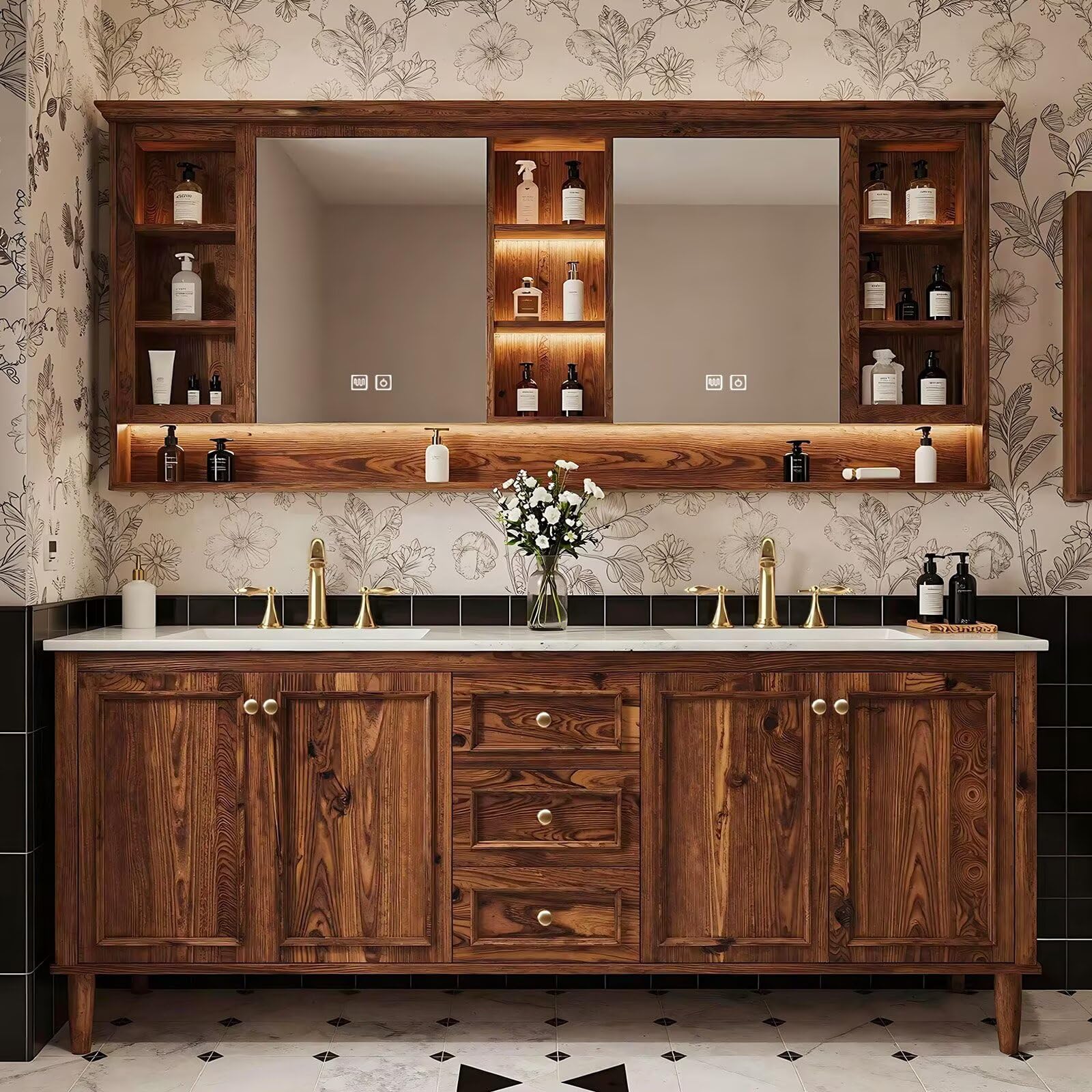 60”-96” Double Sink Freestanding Bathroom Vanity with LED Mirror Cabinet, Solid Wood Vanity with Storage Drawers & Doors