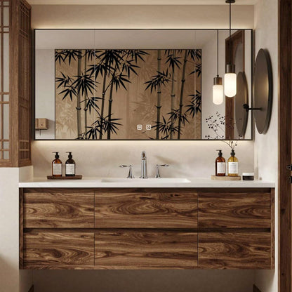 40”-64”Single Sink Floating Bathroom Vanity with LED Backlit Mirror, Walnut Wood Cabinet