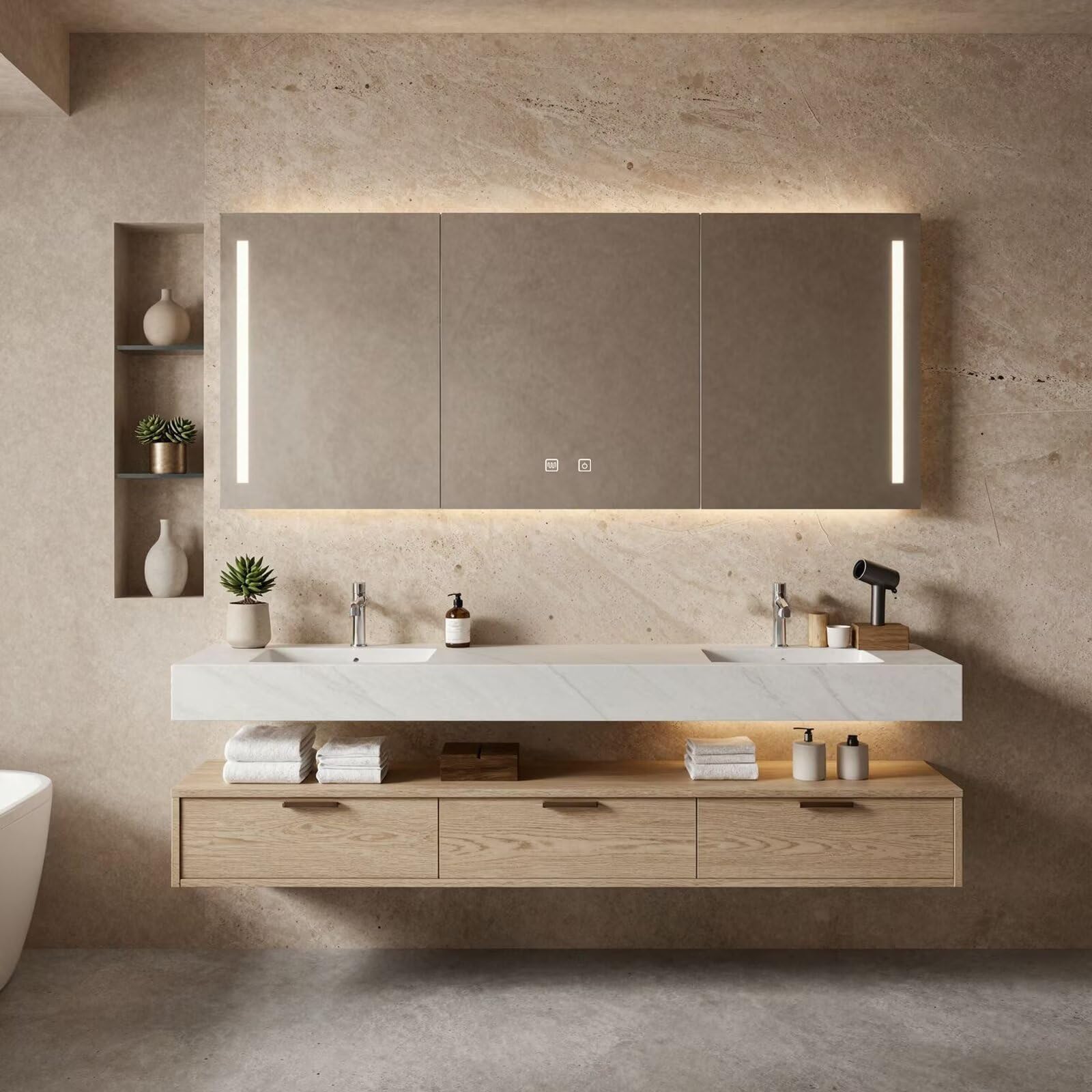 60"-84"Modern Light Wood Bathroom Vanity with Open Shelf & Smart LED Mirror Cabinet