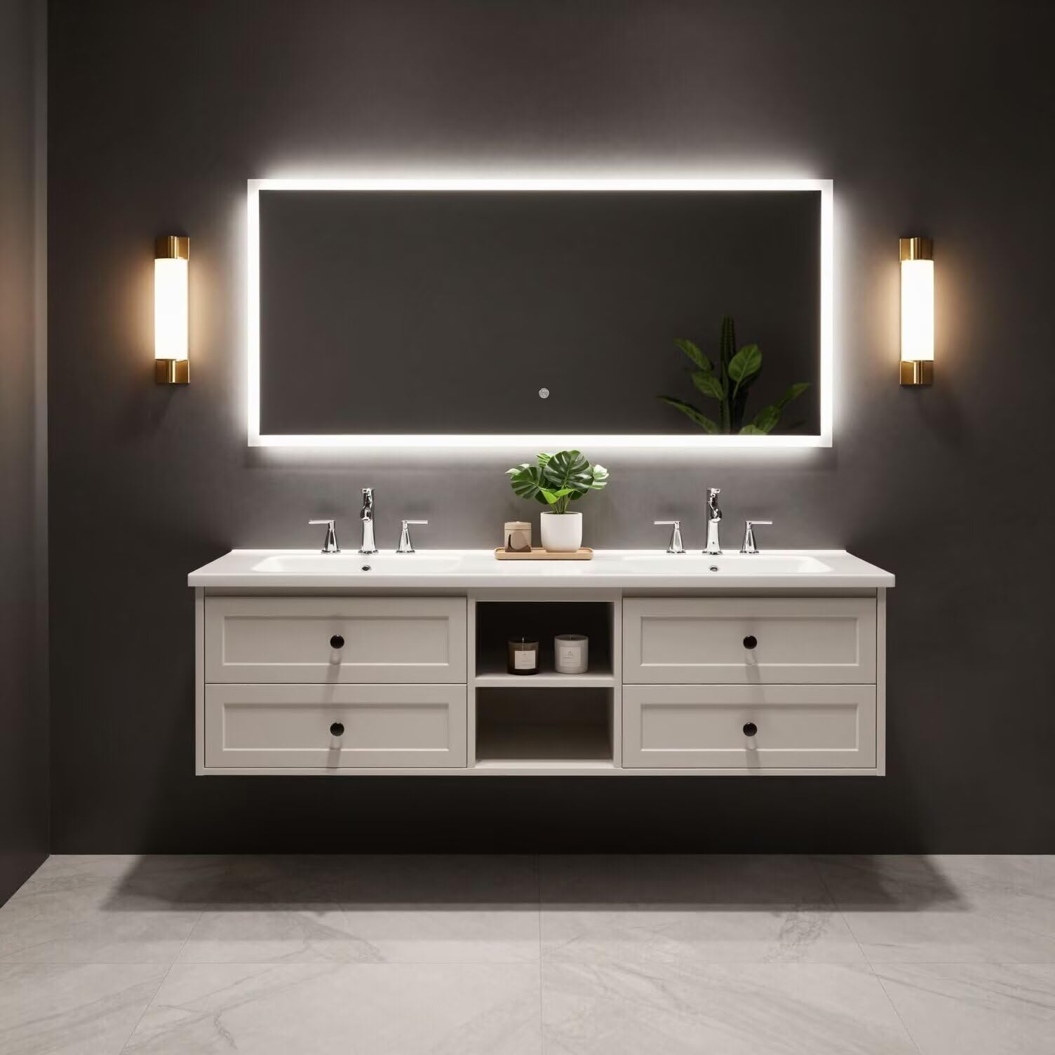 60"-96"White Floating Bathroom Vanity with Double Sinks & Large LED Lighted Mirror