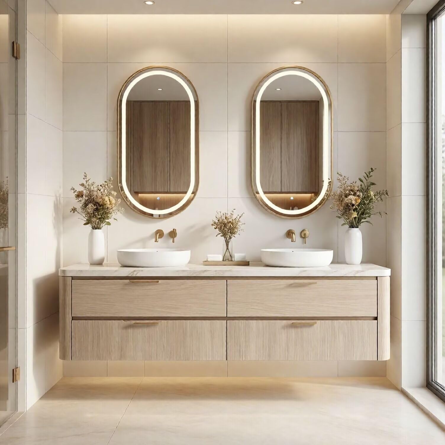 60"-96"Floating Oak Bathroom Vanity with Double Vessel Sinks & LED Oval Mirrors