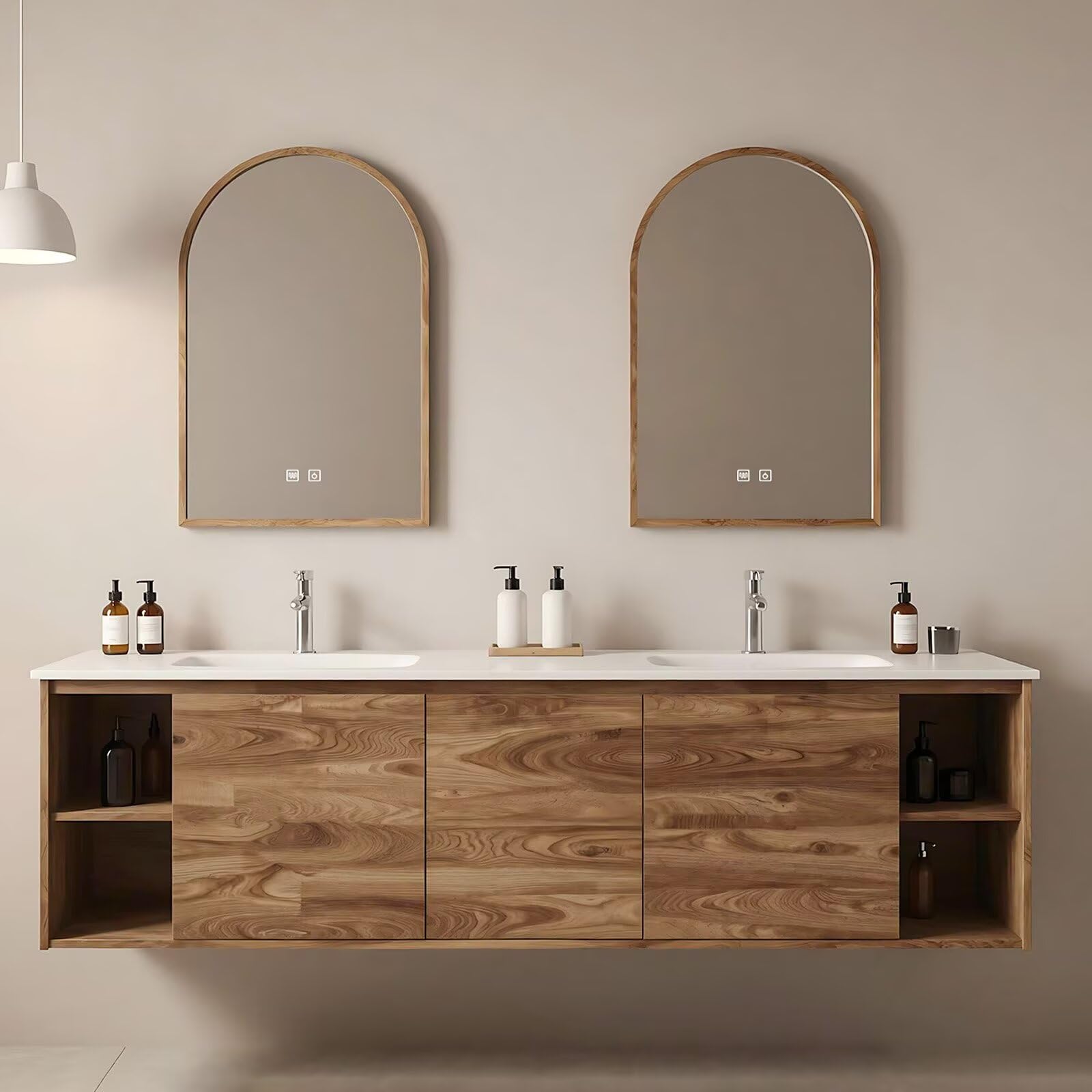 60”-84” Wall Mounted Double Sink Bathroom Vanity with Arched LED Mirrors, Wood Floating Cabinet with White Stone Top, Natural