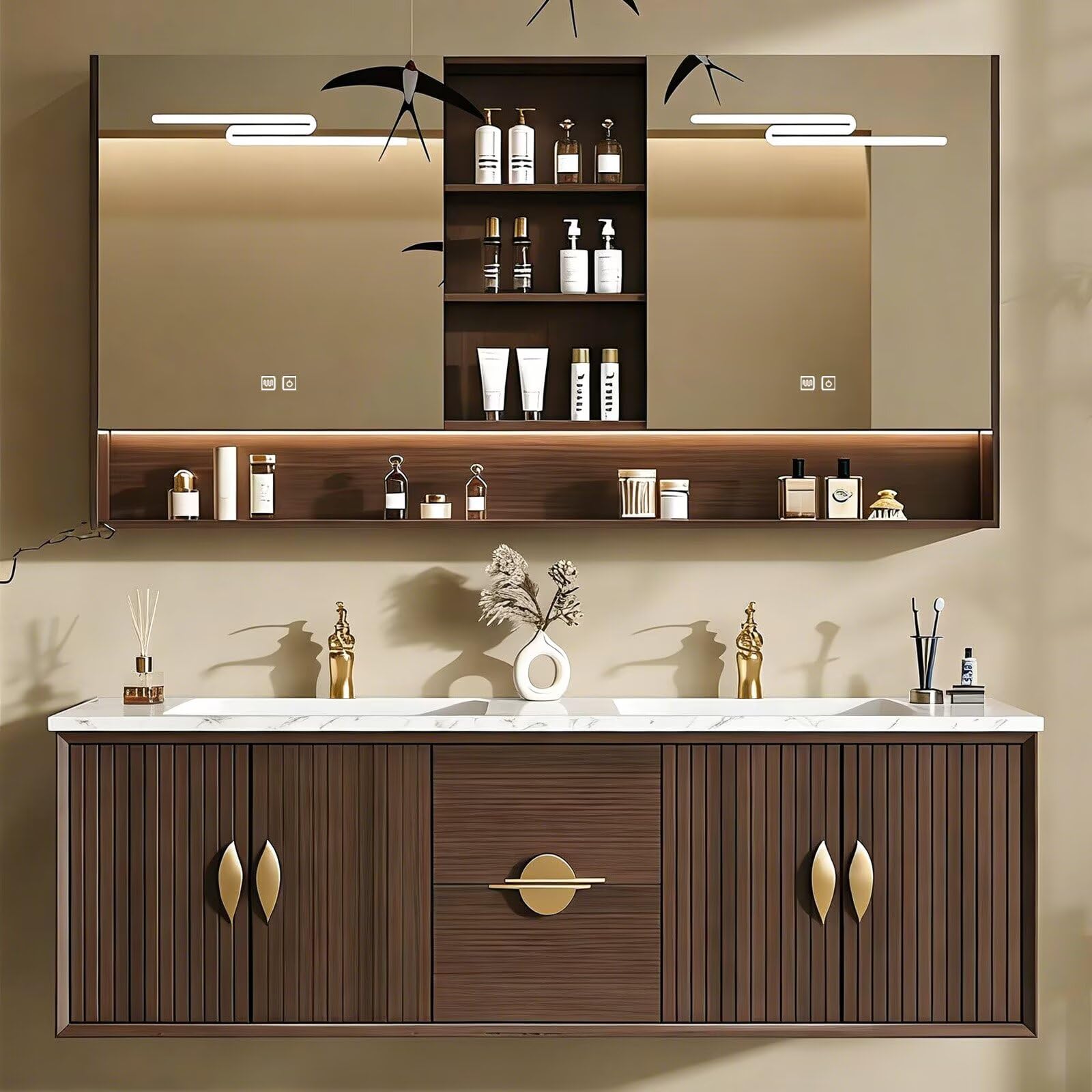 60”-84”Double Sink Floating Bathroom Vanity with LED Mirror Cabinet, Wall Mounted Walnut Vanity with Marble Top & Gold Hardware