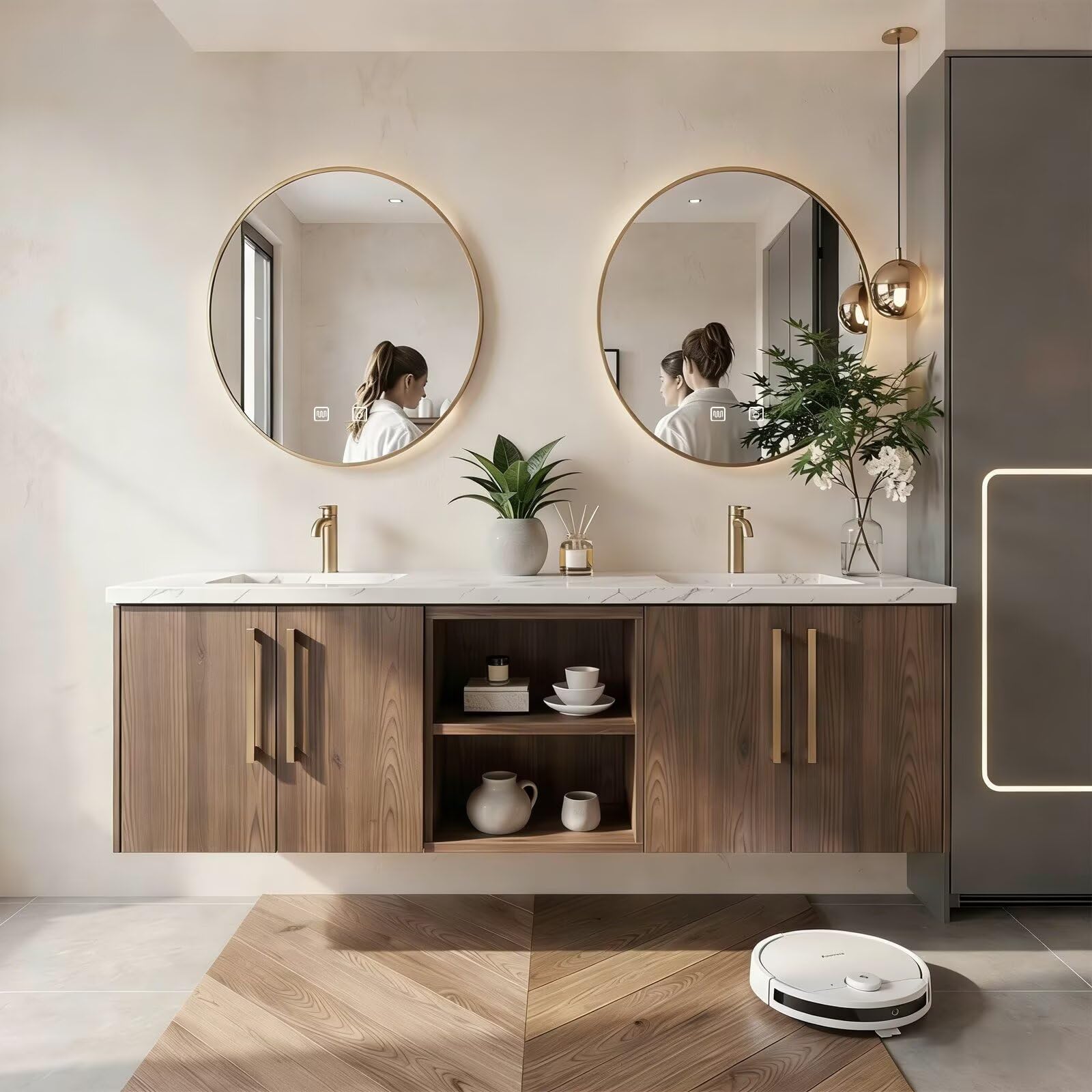 60"-84"Modern Walnut Floating Bathroom Vanity Set with Marble Top & Gold Handles