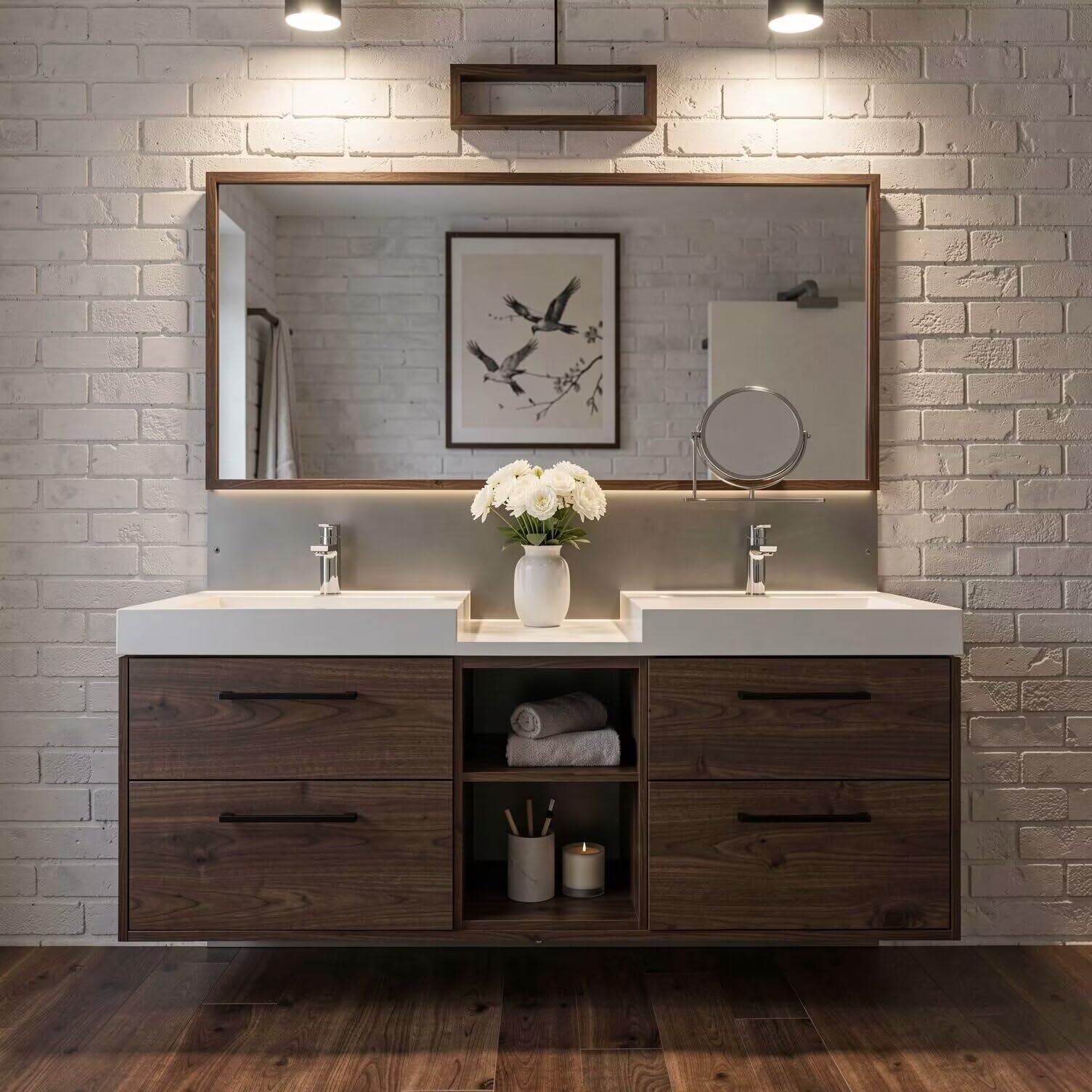 60"-96"Modern Wall-Mounted Bathroom Vanity with Open Shelf & Soft-Close Drawers