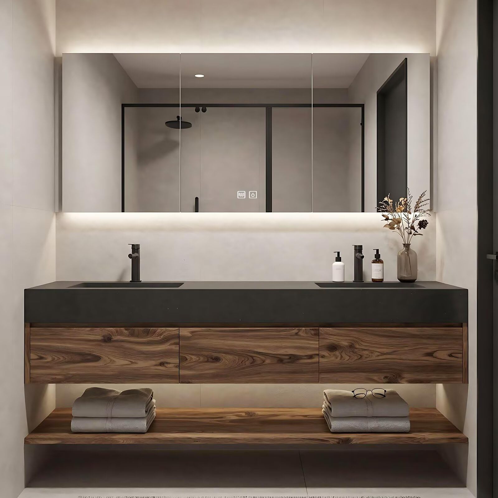 60”-84”Double Sink Floating Bathroom Vanity with LED Mirror Cabinet, Walnut Wood Vanity with Black Stone Top & Open Shelf