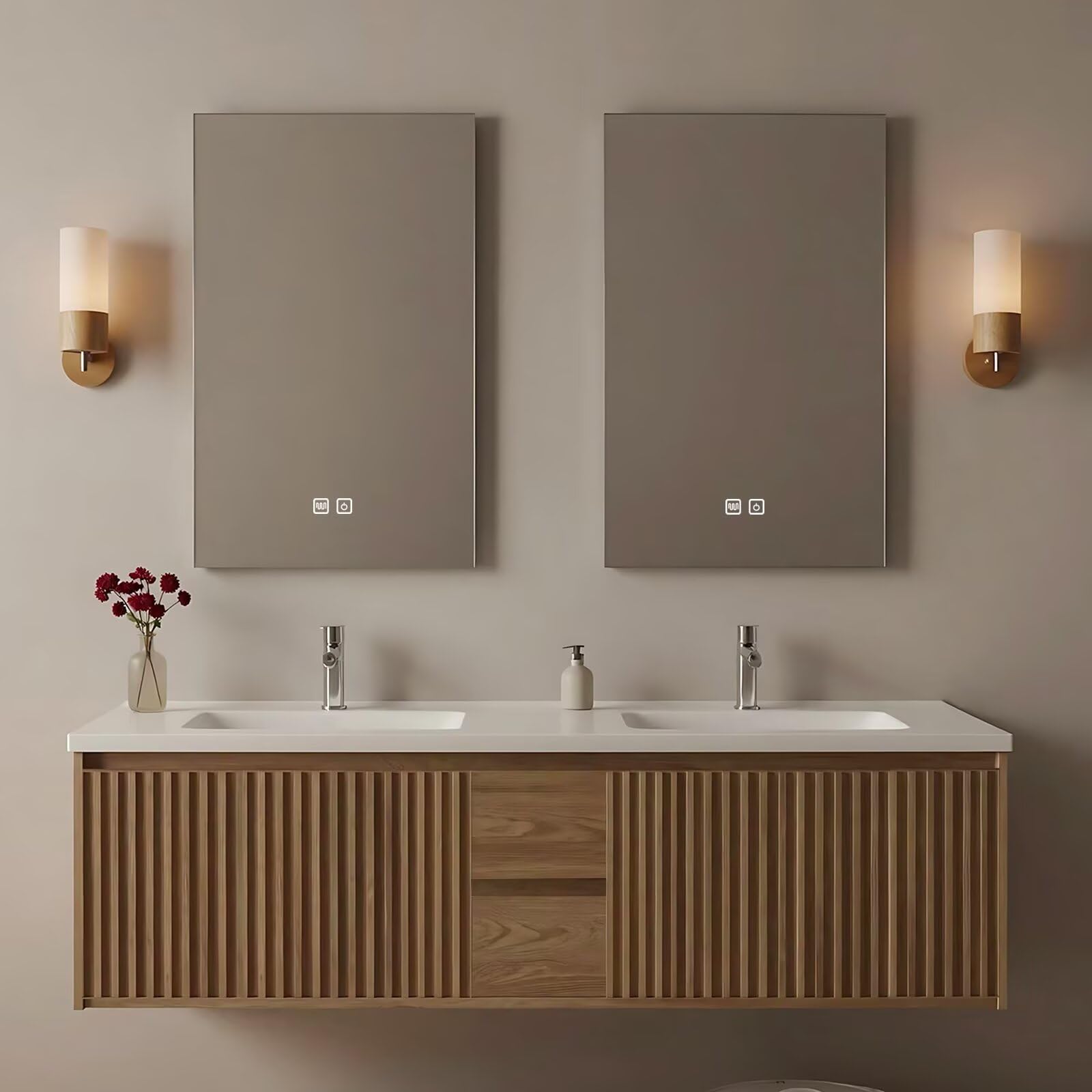 60”-84”Double Sink Floating Bathroom Vanity, Fluted Oak Cabinet with LED Backlit Mirrors